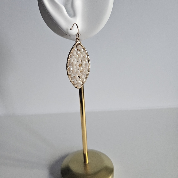 Boho Chic Gold and Cream Beaded Dangle Earrings - Picture 2 of 5